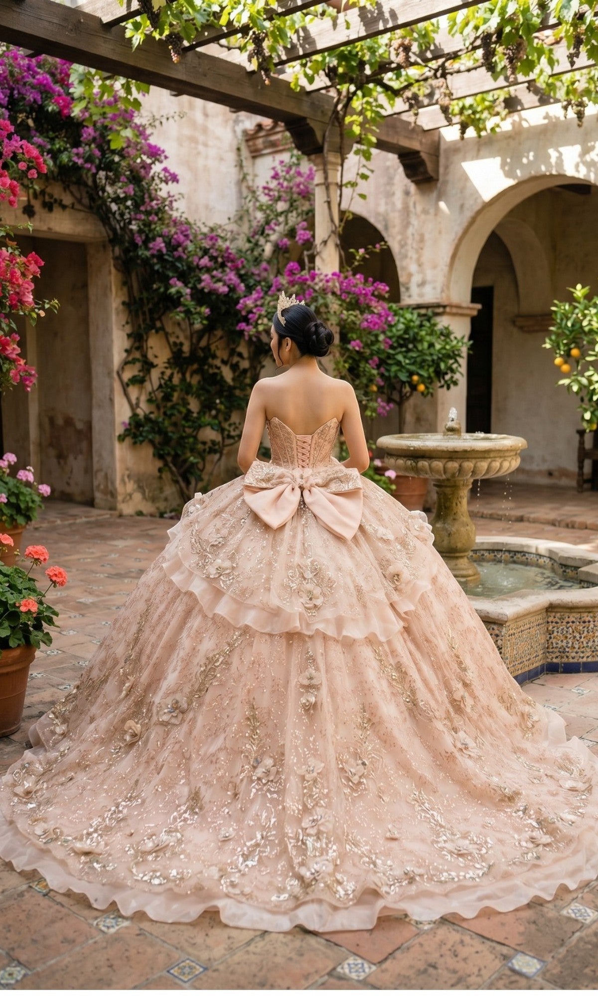 A young woman stands in a courtyard filled with flowers and a stone fountain, facing away from the camera and wearing the Quinceanera Dress 8590JQ by Cinderella Couture—an ornate pink ball gown featuring a beaded corset bodice and a large bow.